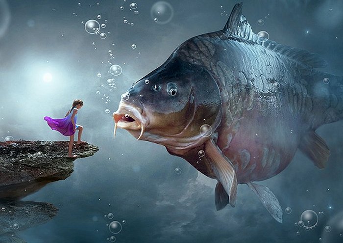 Fantasy Carp Girl Child Water Rock Encounter 